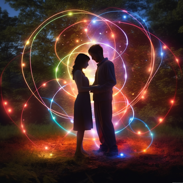 a couple facing each other with brilliant lights about them
